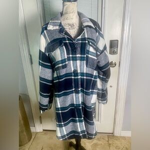 Size L Vigoss Oversized Plaid Flannel Shacket Shirt Jacket Turquoise Black White